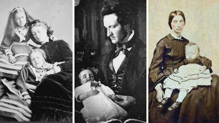 Two Girls Pose With Their Dead Mother, While A Victorian Father Mourns His Baby. The Woman On The Right's Cheeks Have Been Tinted While Her Deceased Toddler Remains Pale