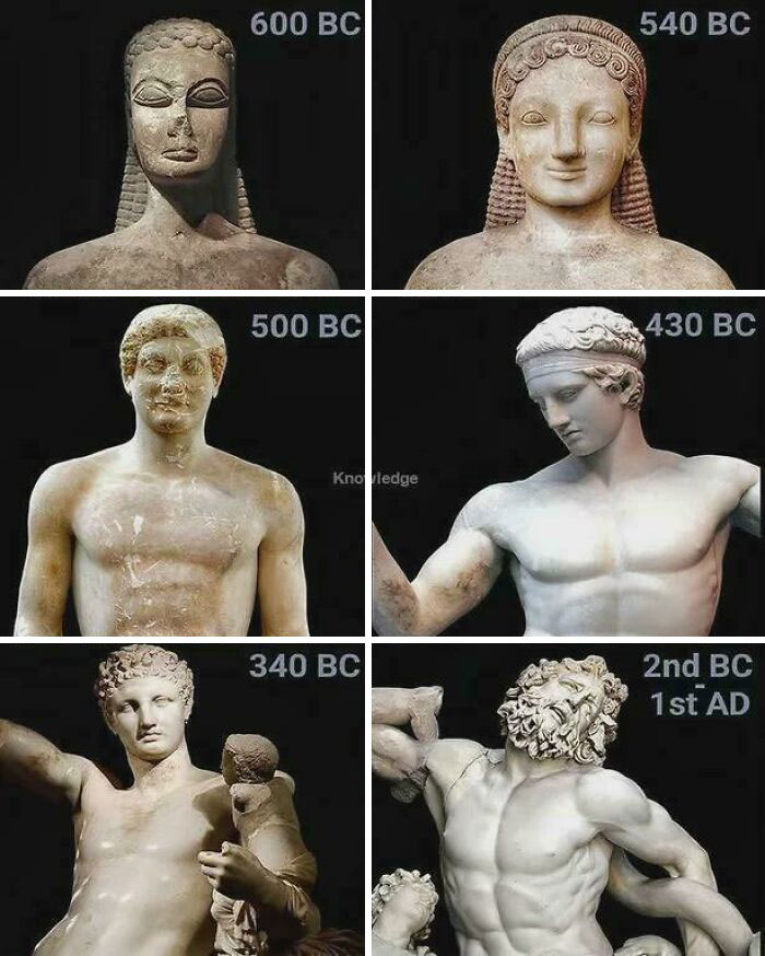 Ancient sculptures showing evolution of Greek art from 600 BC to 1st AD, not typically seen in history textbooks.