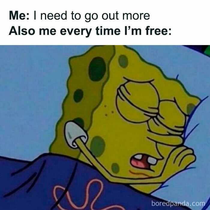 SpongeBob meme for introverted and anxious people, showing him asleep while wearing headphones.