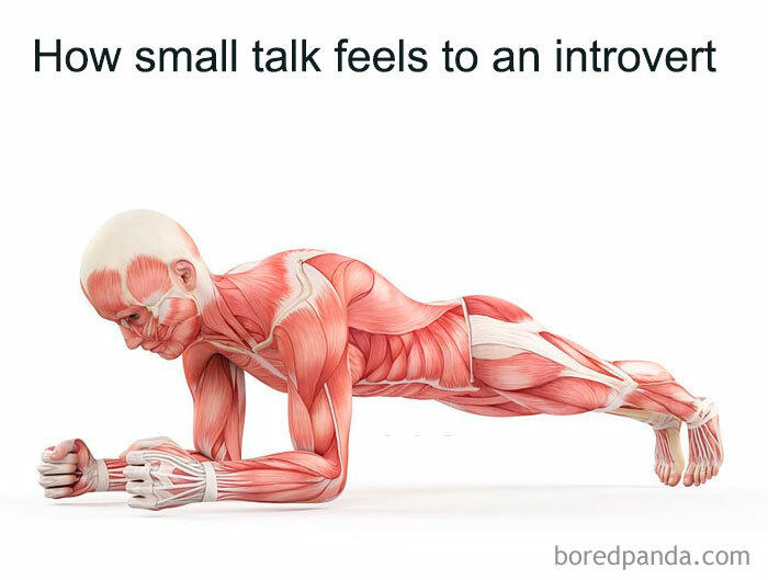 Anatomical figure in plank, illustrating small talk for introverted, anxious individuals.