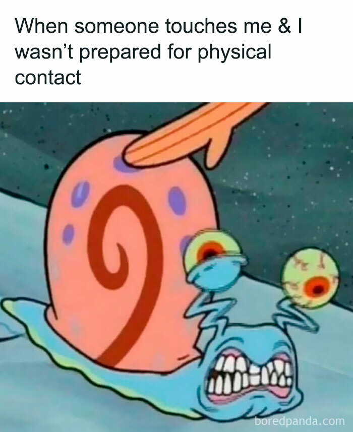 Cartoon snail startled by touch, representing introverted and anxious feelings.