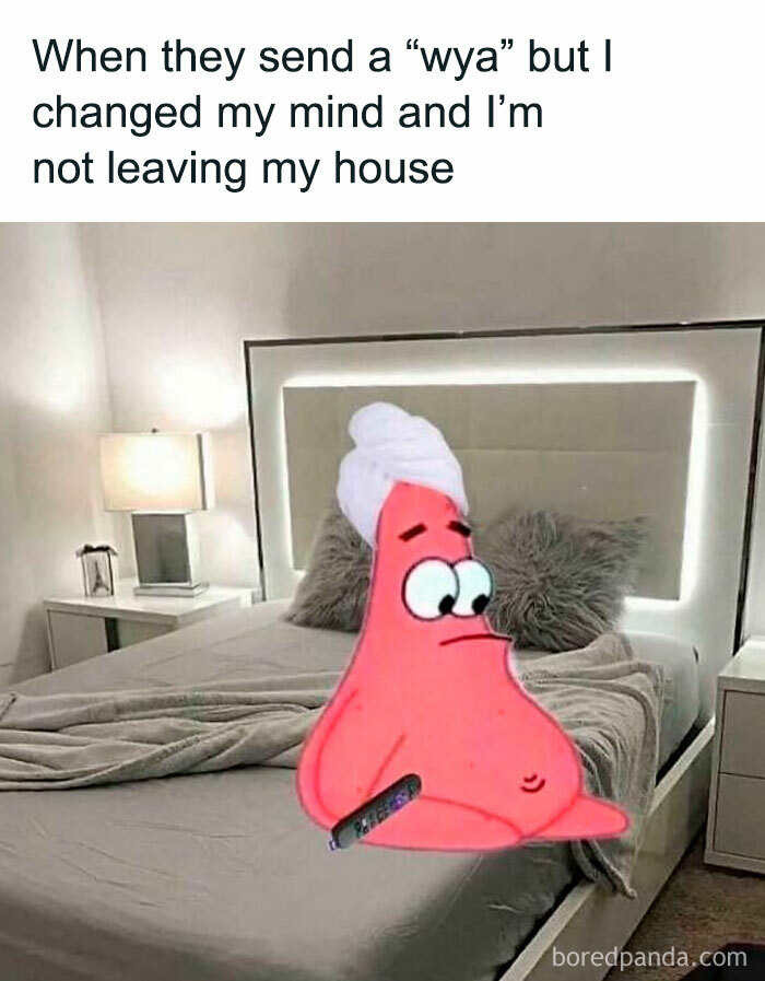 Cartoon character with a towel on head and remote control, sitting on a bed, reflecting introverted and anxious feelings.