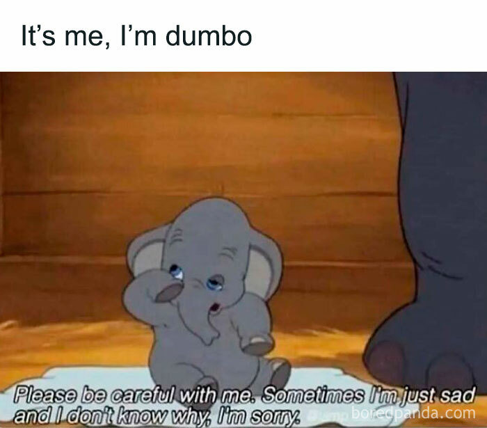 Cartoon elephant appearing anxious, expressing a relatable meme for introverted members of society.