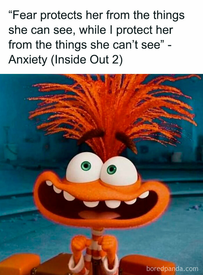 Animated character with wide eyes expresses anxiety, captioned with a quote about fear and anxiety from "Inside Out 2".