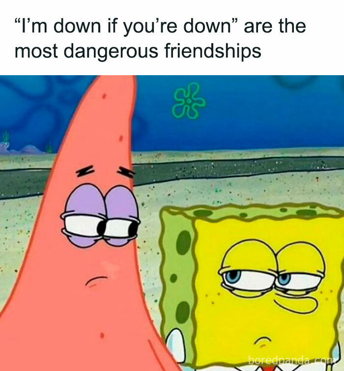 SpongeBob and Patrick meme, illustrating introverted and anxious friendships with skeptical expressions.