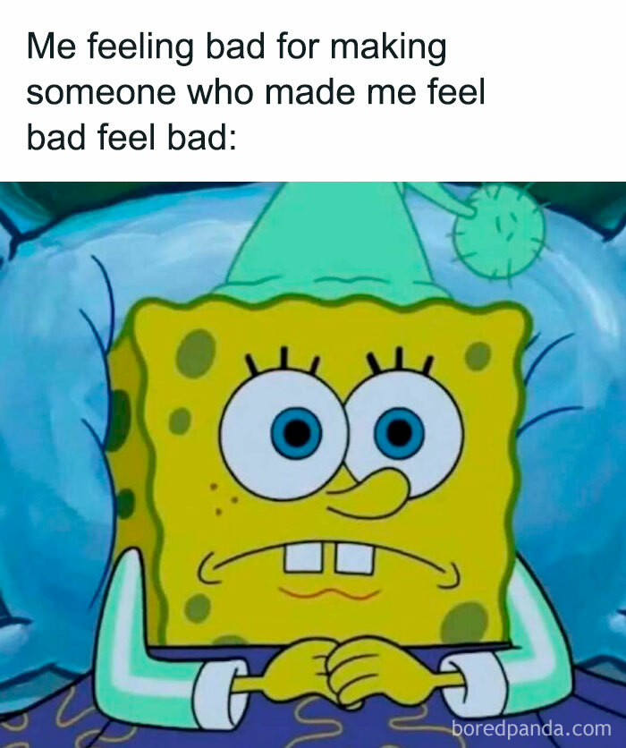 SpongeBob meme expressing introverted anxiety and feeling guilty in bed.