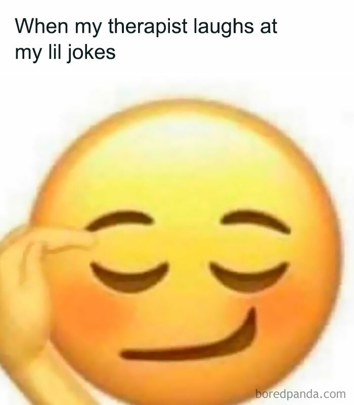 Emoji with a satisfied expression, captioned about a therapist laughing at jokes, reflecting introverted anxiety.