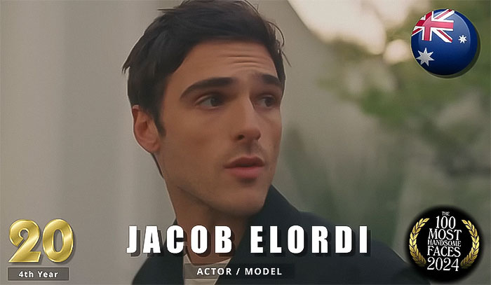 Jacob Elordi, ranked among the most handsome men 2024, wearing a dark jacket, with an Australian flag symbol nearby.