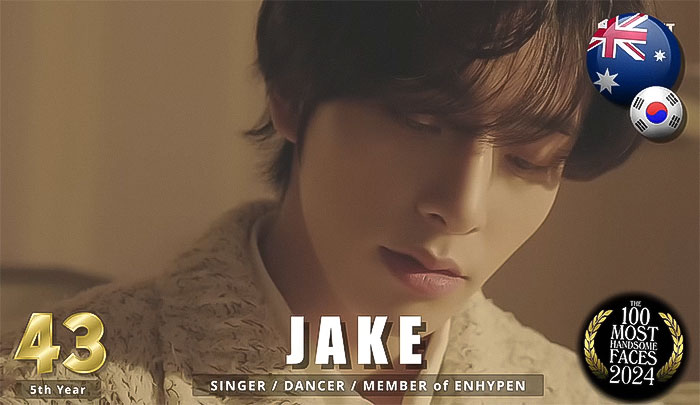 "Ranked handsome man of 2024, Jake from Enhypen, in a soft-lit portrait with national flags and awards badge.