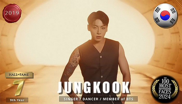 Jungkook from BTS in a sleeveless black shirt, highlighted as one of the most handsome men of 2024 by The Independent Critics.