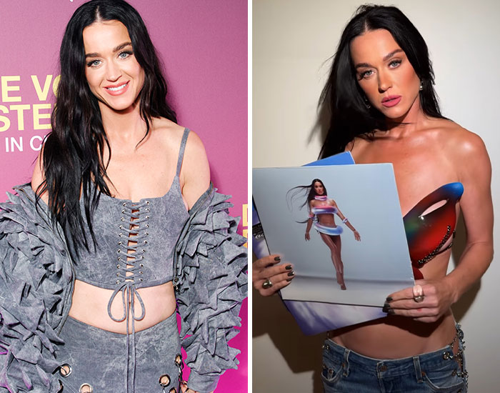 Female celebrity in two photos, one smiling at an event, the other holding a photo, related to 2024 celebrity scandals.