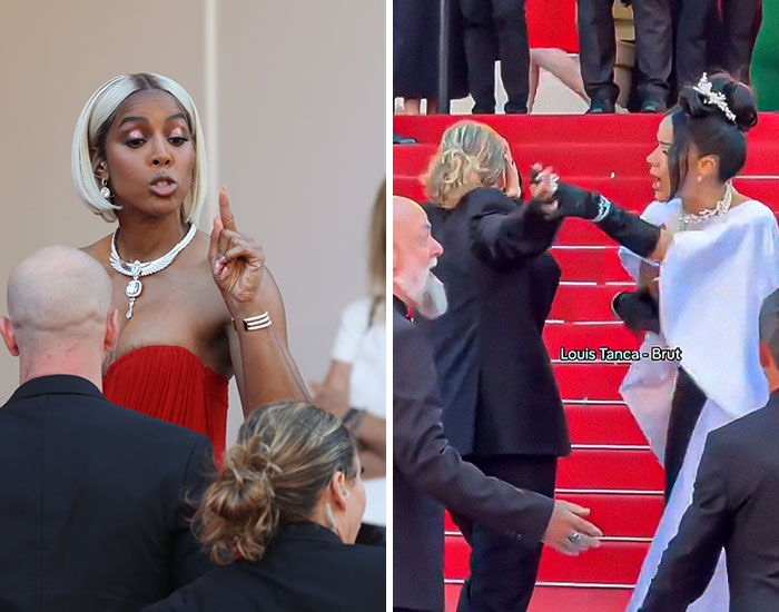 Celebrity scandals captured on red carpet moments, showing intense reactions and wide-eyed expressions in 2024 events.