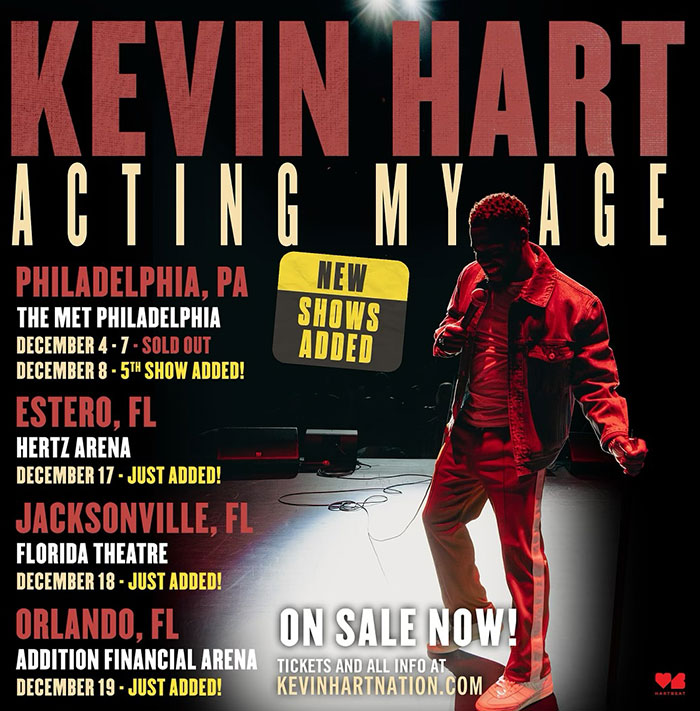 Promotional poster for Kevin Hart's "Acting My Age" tour, featuring show dates and venues, with Kevin performing under spotlight on stage.