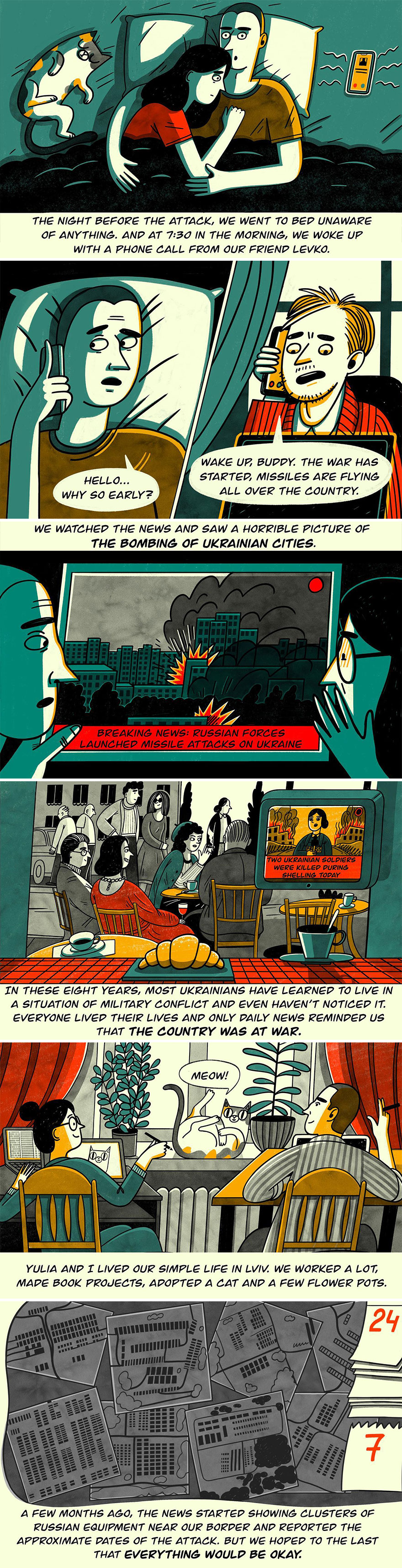 Ukrainian artist depicts life during war in comic strips, showing everyday moments amidst conflict.