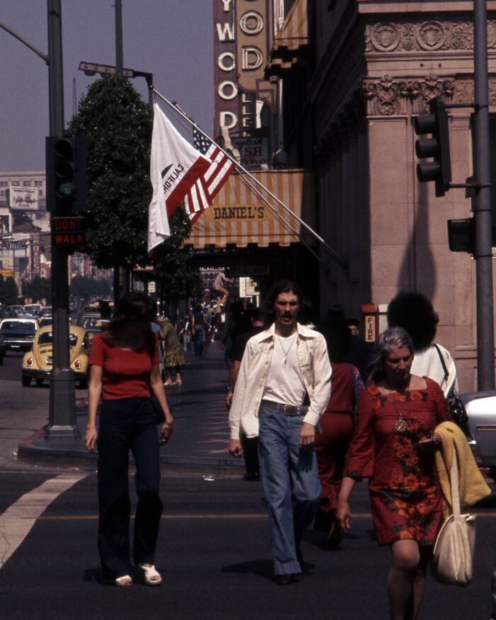1970s West Coast street scene with people walking, vintage clothing styles, and iconic Hollywood Boulevard signage.