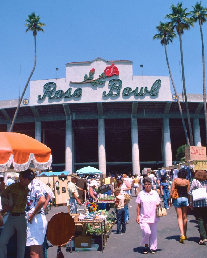 Vintage 1970s West Coast scene at Rose Bowl, showcasing vibrant market life and classic fashion styles.