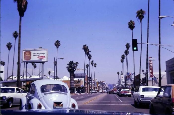 Vintage 1970s West Coast street scene with palm trees, classic cars, and retro billboards under a clear blue sky.