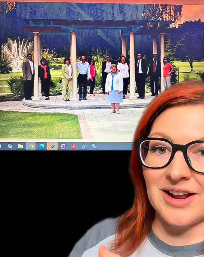 Woman discusses Luigi Mangione's family nursing facilities, with an image of staff in the background.