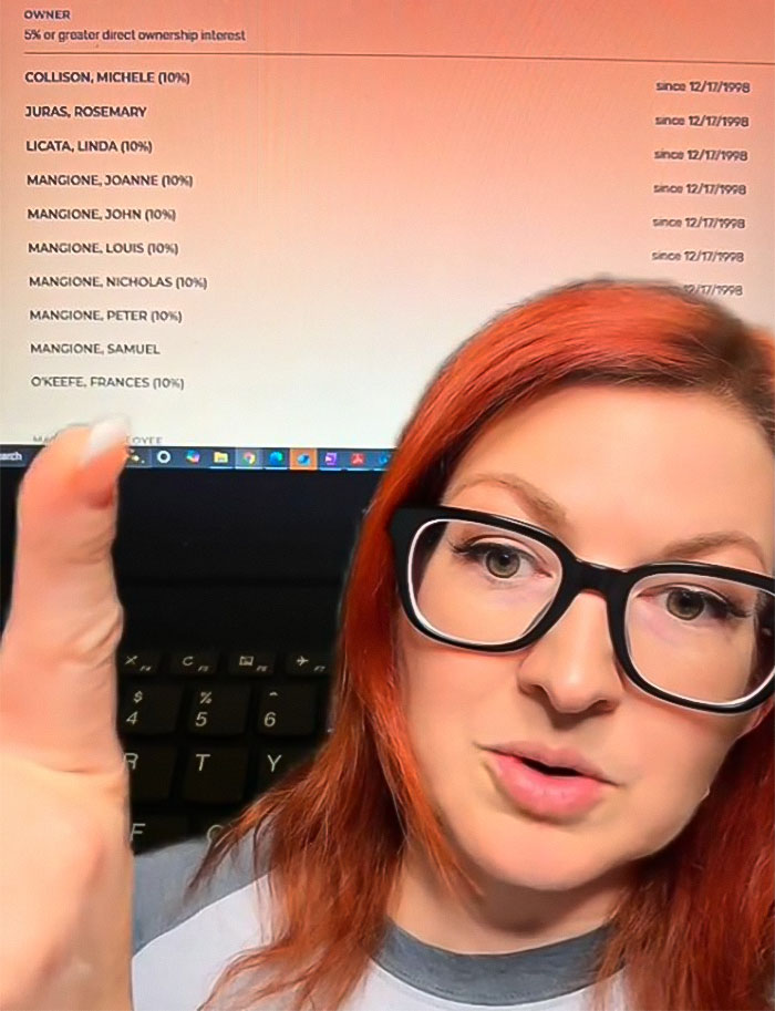 Woman discusses Luigi Mangione's family nursing facilities' ownership issues, pointing at a computer screen list.