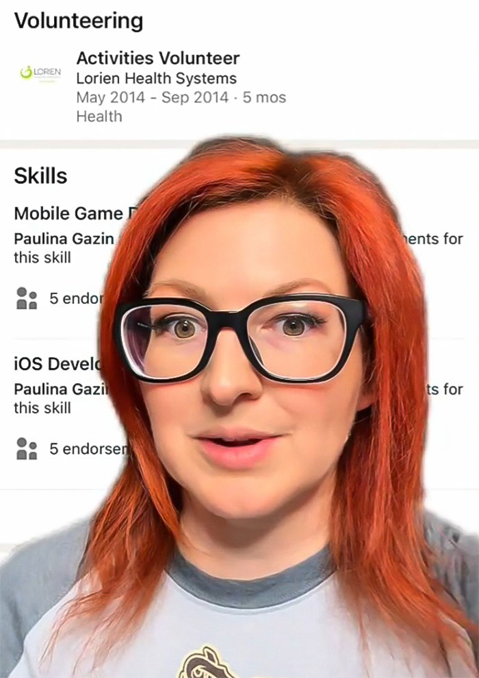 Woman discusses Luigi Mangione's family nursing facilities issues with red hair and glasses, background shows volunteering details.