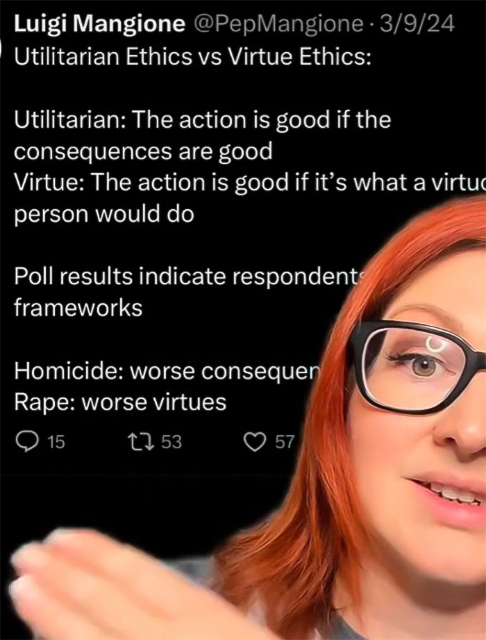 Woman discusses issues with Luigi Mangione's family nursing facilities, highlighting ethical concerns in a social media post.