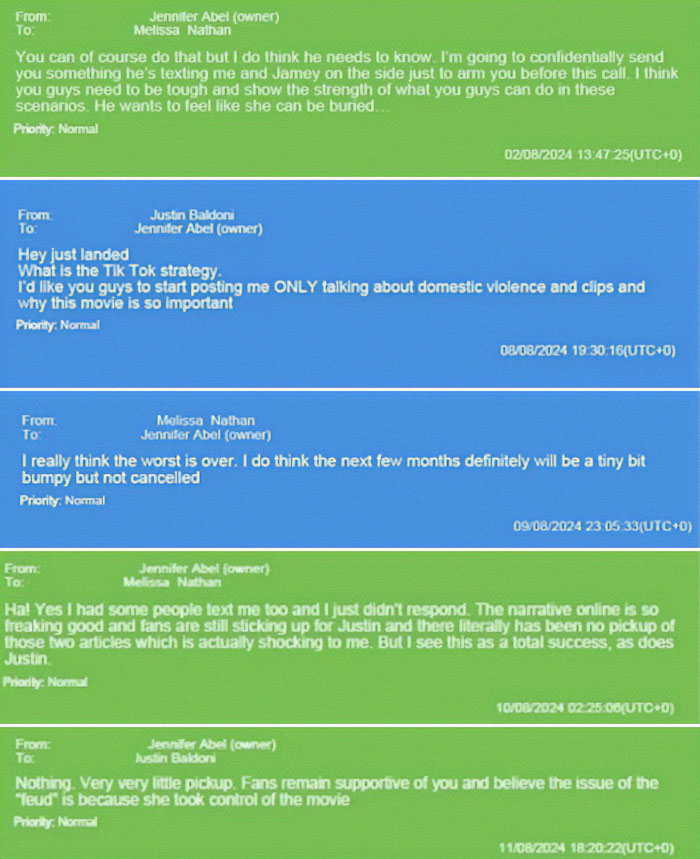 Emails discussing TikTok strategy and narrative, mentioning Justin Baldoni, addressing fan support and movie promotions. Emails discussing TikTok strategy and narrative, mentioning Justin Baldoni, addressing fan support and movie promotions.