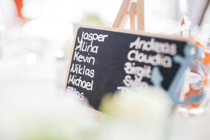 Chalkboard with names like Jasper and Alina at an event, highlighting modern name choices.