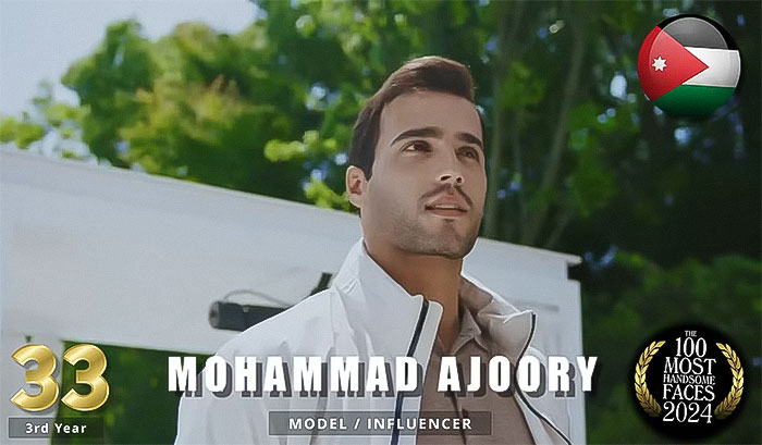 Man ranked among most handsome in 2024, wearing a white jacket outdoors. Image features a Jordan flag and ranking emblem.