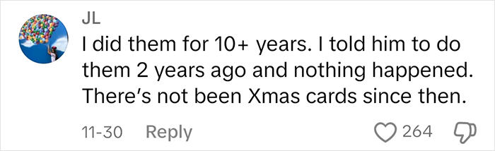 Comment about Christmas cards going viral, with user remarking on lack of cards after husband suggested wife should do them. Comment about Christmas cards going viral, with user remarking on lack of cards after husband suggested wife should do them.