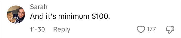 Comment discussing Christmas cards, saying "And it's minimum $100," with a heart and thumbs down reactions. Comment discussing Christmas cards, saying "And it's minimum $100," with a heart and thumbs down reactions.
