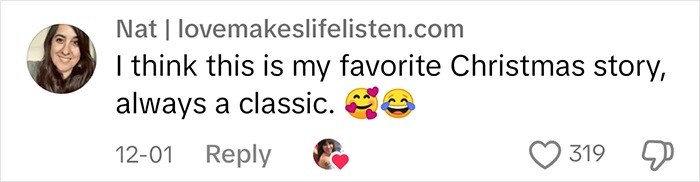 Comment on a viral Christmas card story by Nat, featuring emojis and 319 likes. Comment on a viral Christmas card story by Nat, featuring emojis and 319 likes.