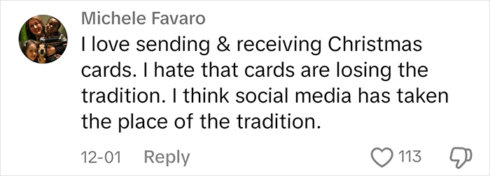 Comment discussing the decline of Christmas cards tradition and the impact of social media. Comment discussing the decline of Christmas cards tradition and the impact of social media.