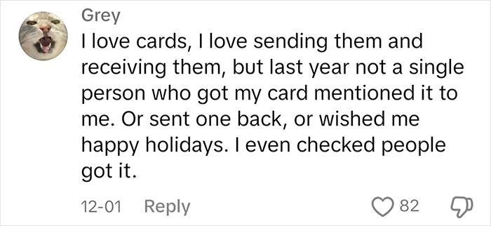 Comment on Christmas cards, expressing disappointment about lack of responses. Comment on Christmas cards, expressing disappointment about lack of responses.