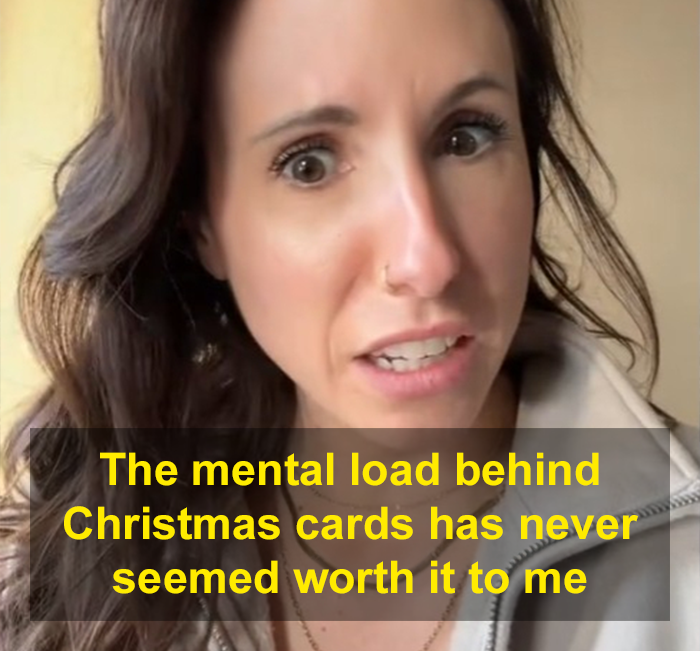 Woman expressing thoughts on Christmas cards with a skeptical facial expression, statement on mental load in overlay. Woman expressing thoughts on Christmas cards with a skeptical facial expression, statement on mental load in overlay.