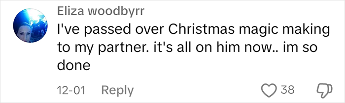 Comment about passing Christmas card duties to partner, with 38 likes. Comment about passing Christmas card duties to partner, with 38 likes.