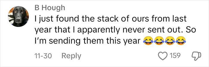 Comment about unsent Christmas cards, using laughing emojis, with 159 likes. Comment about unsent Christmas cards, using laughing emojis, with 159 likes.