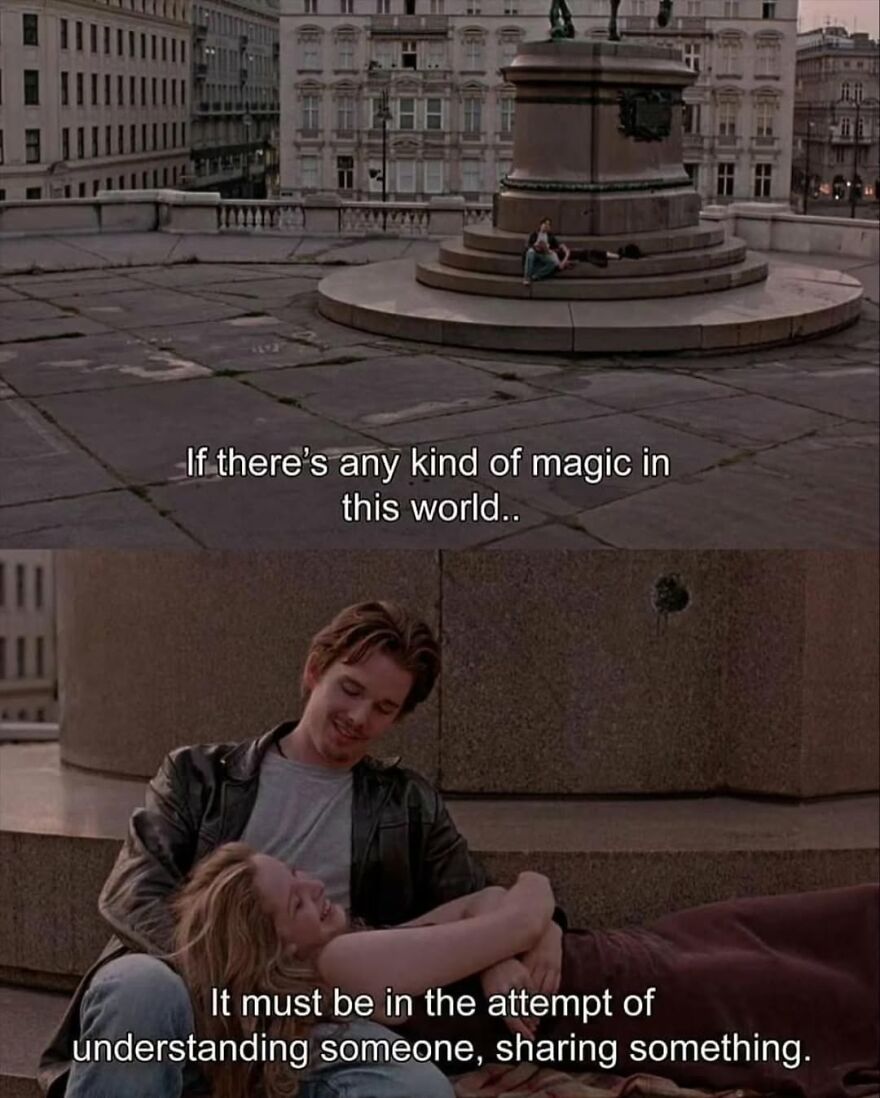 Couple sitting by a monument, sharing a moment with a heartfelt movie quote about understanding and magic. Movie Quotes Instagram Best.