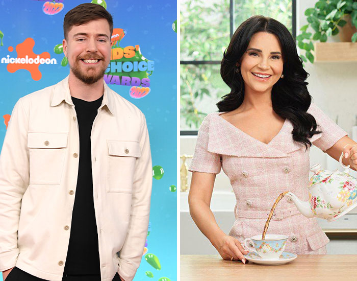 Male and female celebrities posing at an event and tea setting, linked to 2024 celebrity scandals trending online.