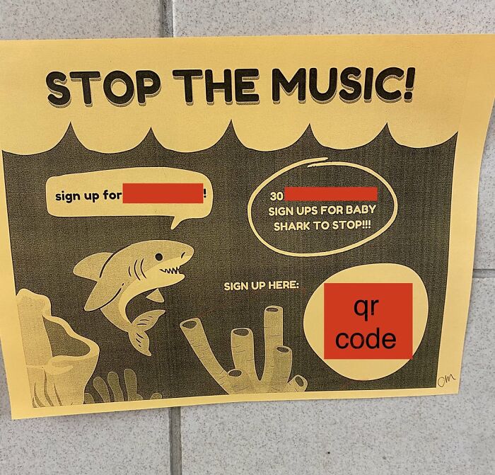 Sign urging students to stop "Baby Shark" music with 30 sign-ups. Vintage sea theme with shark illustration. Horrifying school moments.