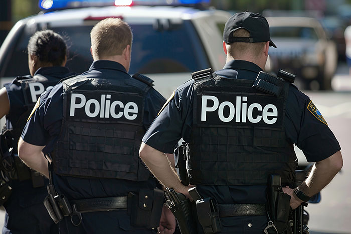 Police officers standing near a patrol vehicle on the street.