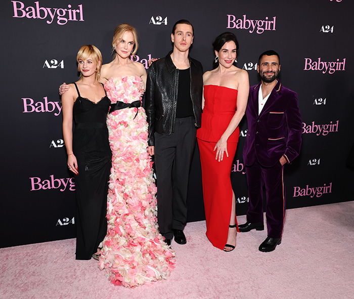 Cast of 'Babygirl' at the premiere, posing on the red carpet in stylish attire.