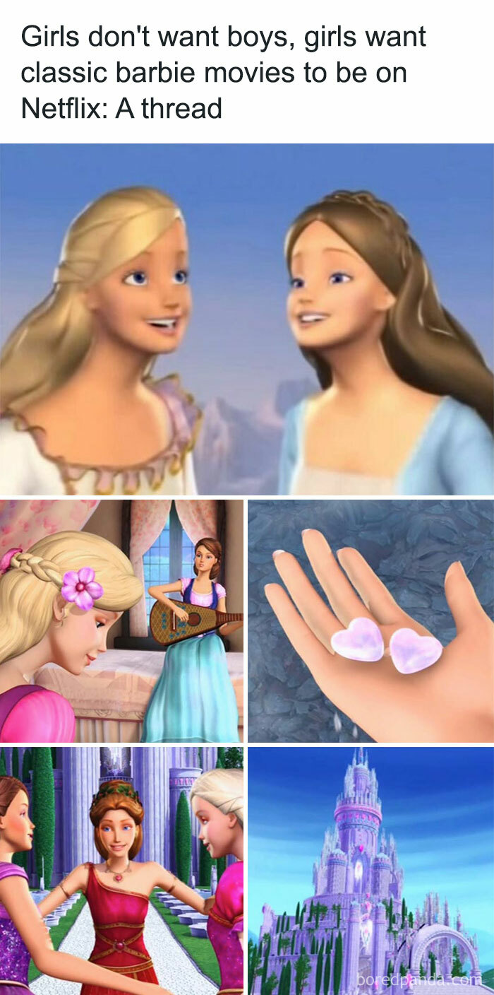 Nostalgic childhood shows collage featuring classic animated Barbie scenes with characters, castle, and heart-shaped jewels.