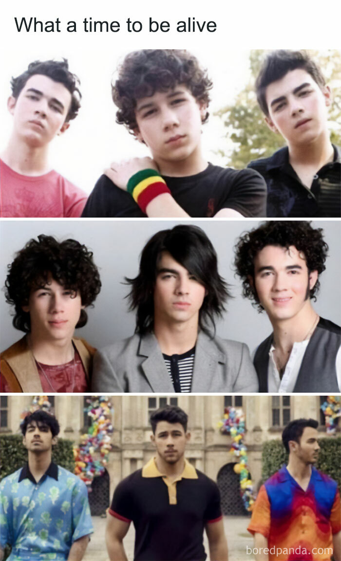 Three images of a popular music group over the years, evoking Nostalgic-Childhood-Shows-Posts vibes.