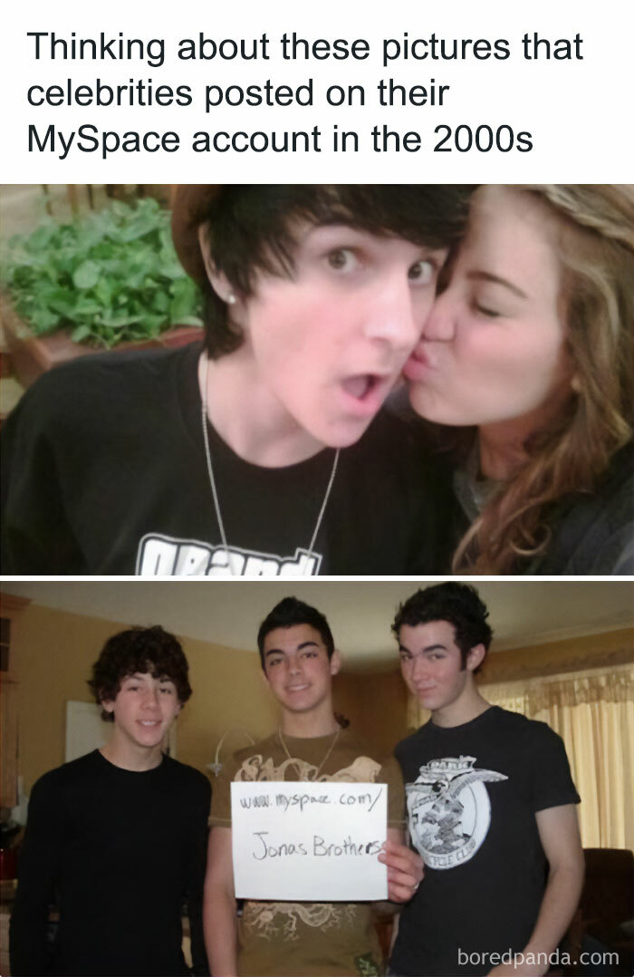 Nostalgic celebrities' MySpace posts from the 2000s, including a candid moment and a group holding a MySpace sign.