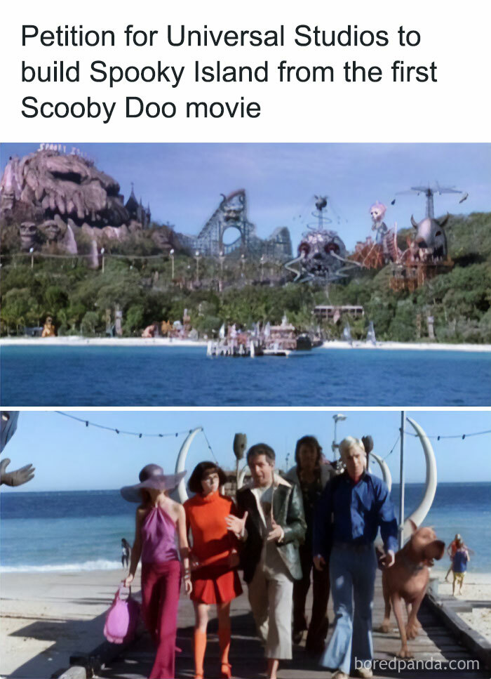 Spooky Island set from Scooby Doo movie, featuring nostalgic childhood show characters on a beach.