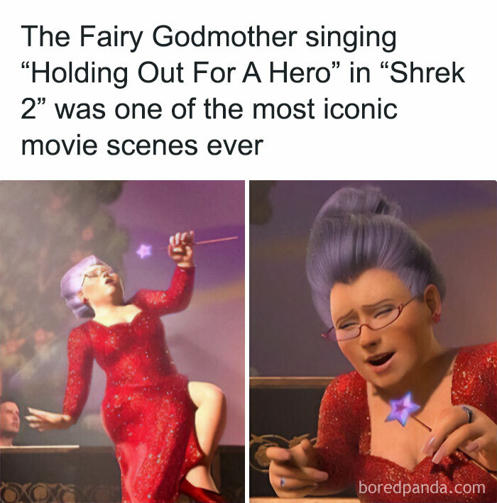 Fairy Godmother from a nostalgic childhood show, Shrek 2, sings passionately in a red dress.