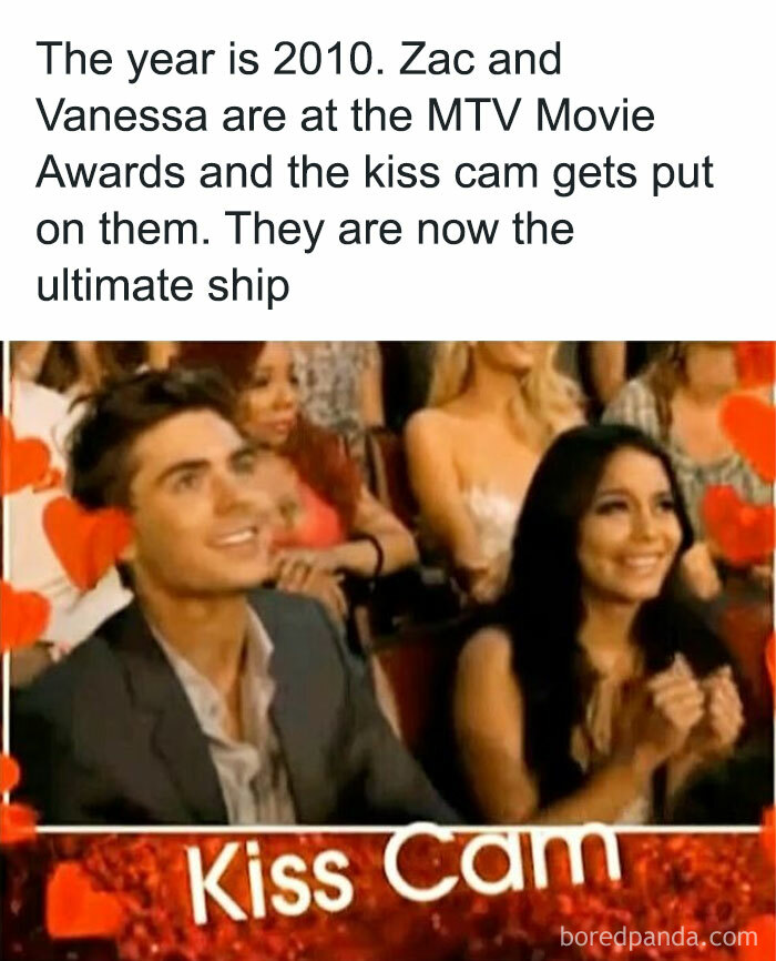 Kiss cam moment at the MTV Movie Awards 2010, capturing a nostalgic childhood shows throwback.
