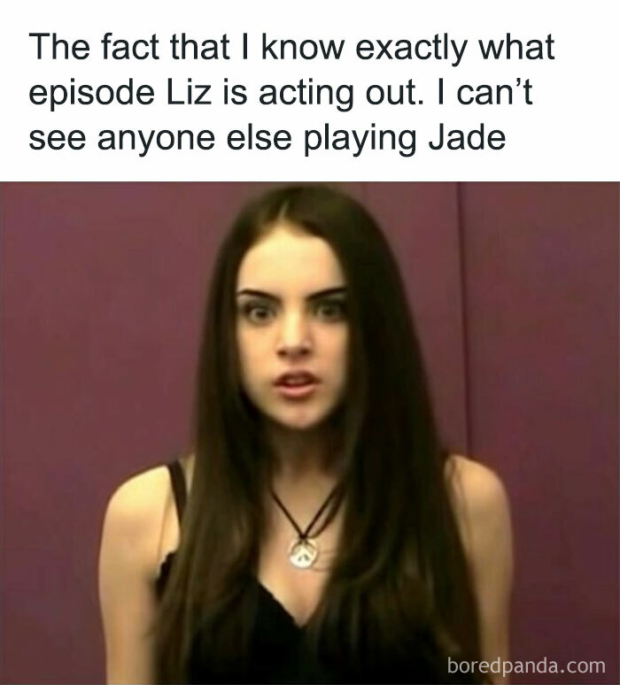 Actress portraying a character from nostalgic childhood shows with a serious expression.