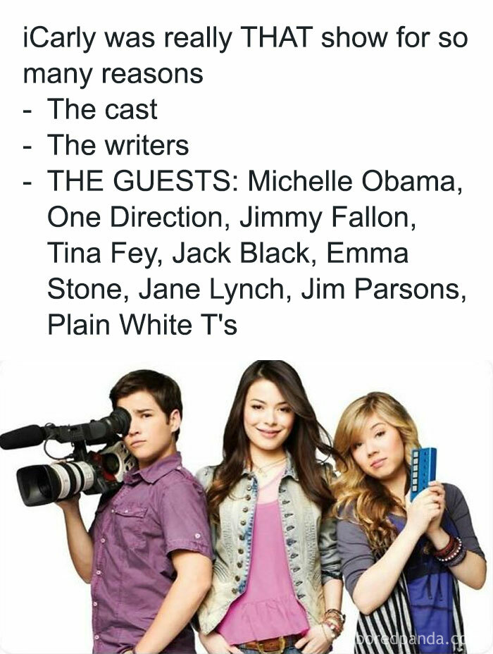 Three young actors from a nostalgic childhood show pose with a camera, highlighting iCarly's impact and guest appearances.