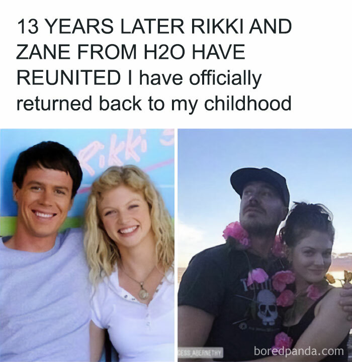 Reunion of actors from nostalgic childhood show H2O, featuring two then-and-now comparison images.